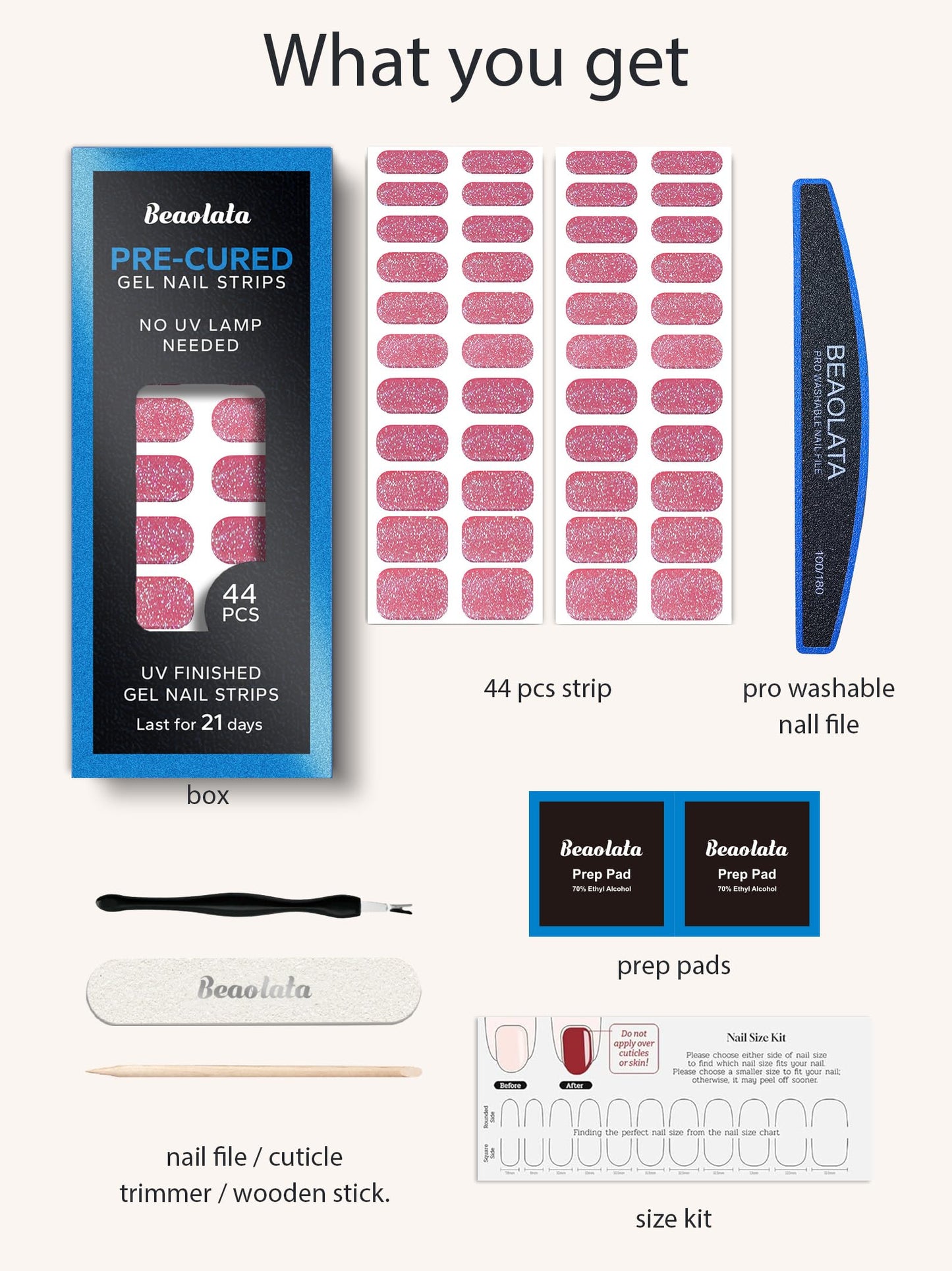 Beaolata Real Gel Nail Strips (No UV Light Needed) - 44Pcs Salon Quality Nail Stickers - Long Lasting Polish Wraps for Women, Easy Apply & Remove (Padparadscha)