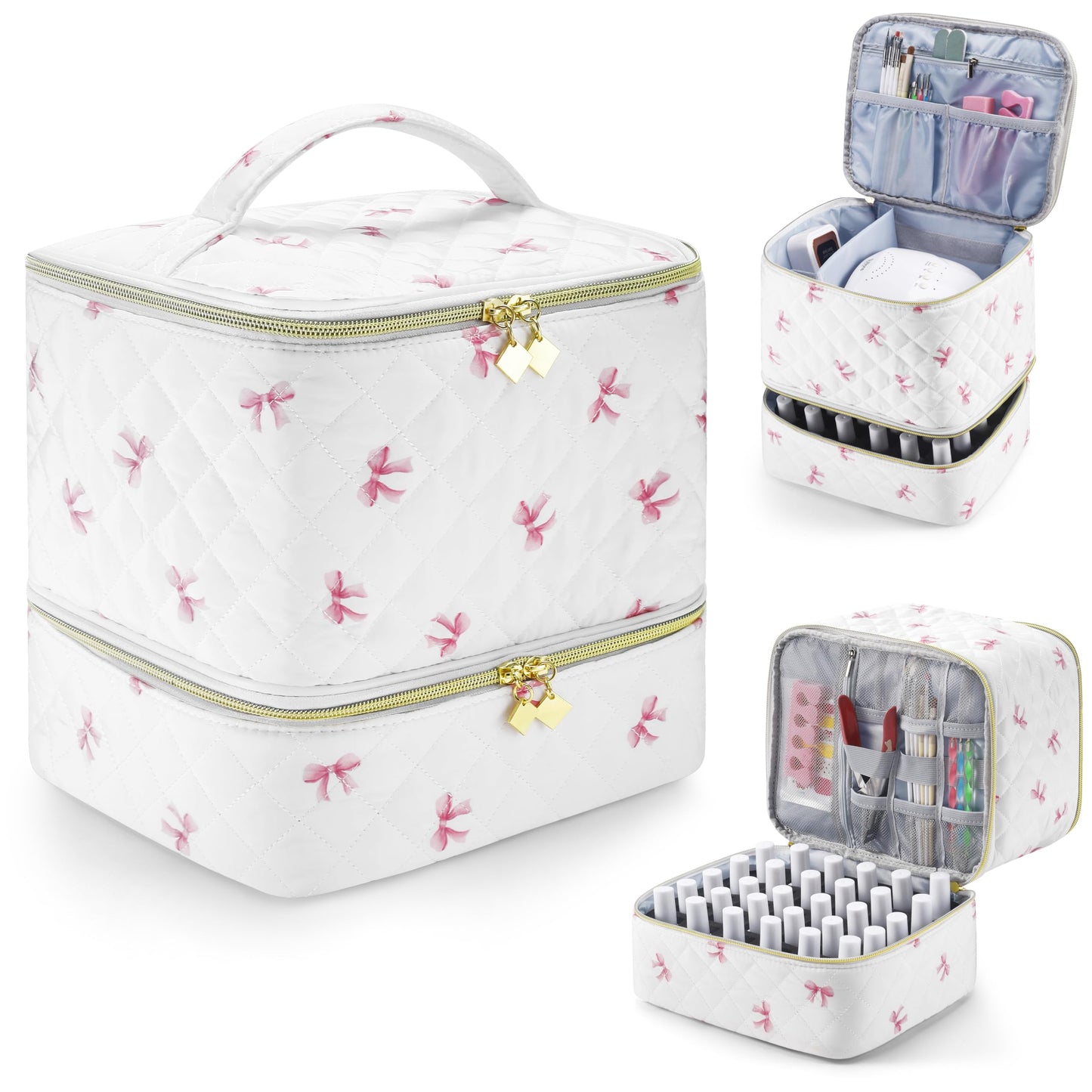 PU Leather Nail Polish Organizer and Nail Lamp Case, Nail Kit Organizer Holds 30+ Bottles (15ml - 0.5 fl.oz) and a Nail Lamp, Nail Polish Carrying Case with Manicure Tools Storage Sections (Pink Bow)