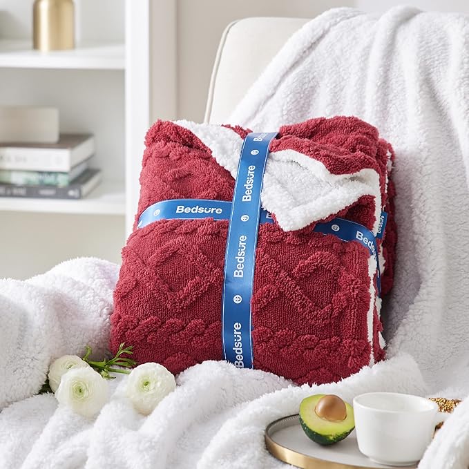 Bedsure Sherpa King Size Blanket for Bed- GentleSoft Fleece Fluffy & Cozy Cable Jacquard Tufted for Women Gift, Thick and Warm Blankets for Winter, Red, 108x90 Inches