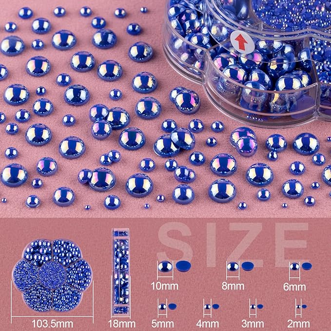 Nail Art Flat Back Half Round Pearl Kits 18, 1 Box of 6000 Pcs Flat-Back Ryoal Blue AB Pearl with Tweezer and Picker Pencil for Home DIY Nails Body Face Craft and Salon Use