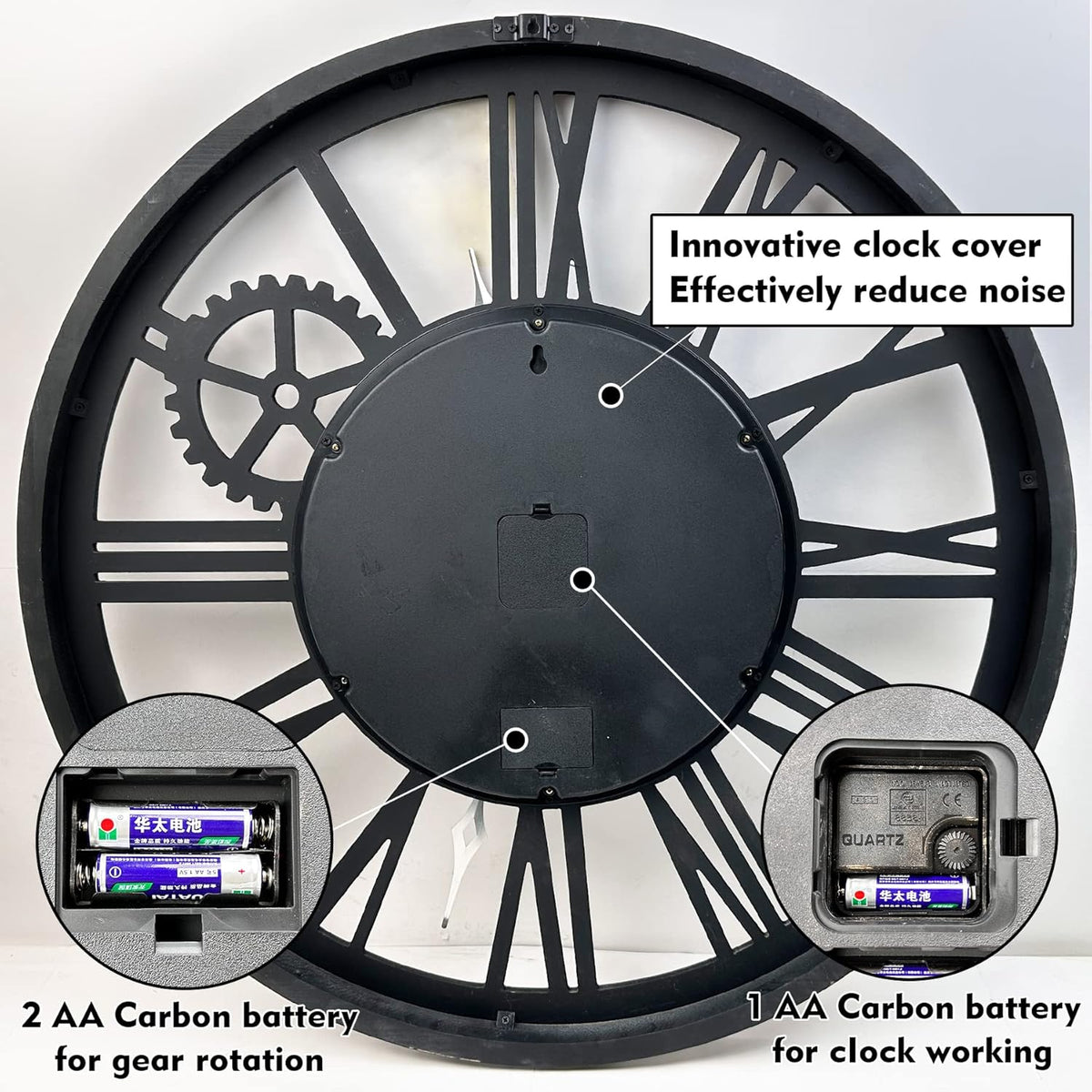 The B-Style Large Real Moving Gears Wall Clock 30 inch Rustic Retro Industrial Farmhouse Wood Clock Oversized Decorative Vintage Wall Clocks for Living Room (Gray White, 30 Inch/76CM)