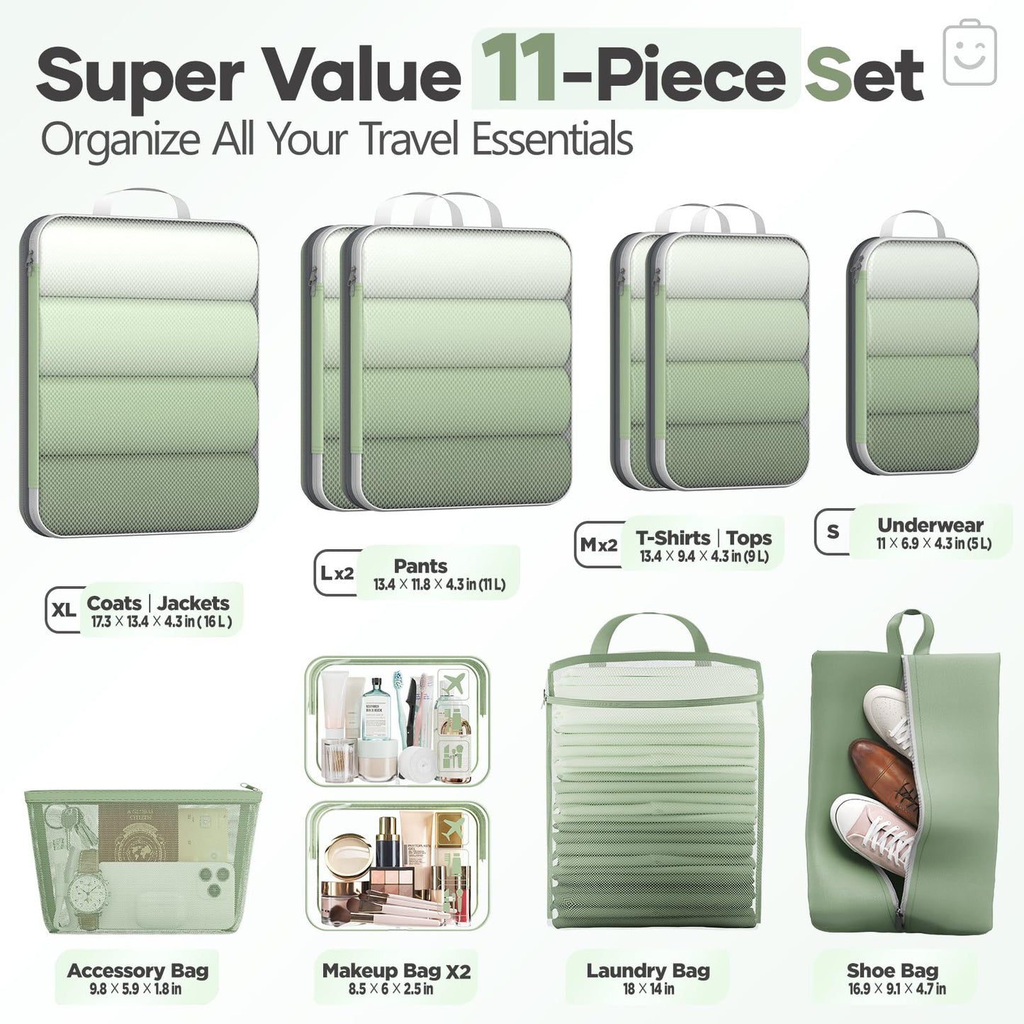 Veken 11 Set Compression Packing Cubes for Travel Essentials,Compressible Expandable Large Luggage Suitcase Organizer Bags for Clothing,Durable Space Saver Storage Bags(Matcha Green)