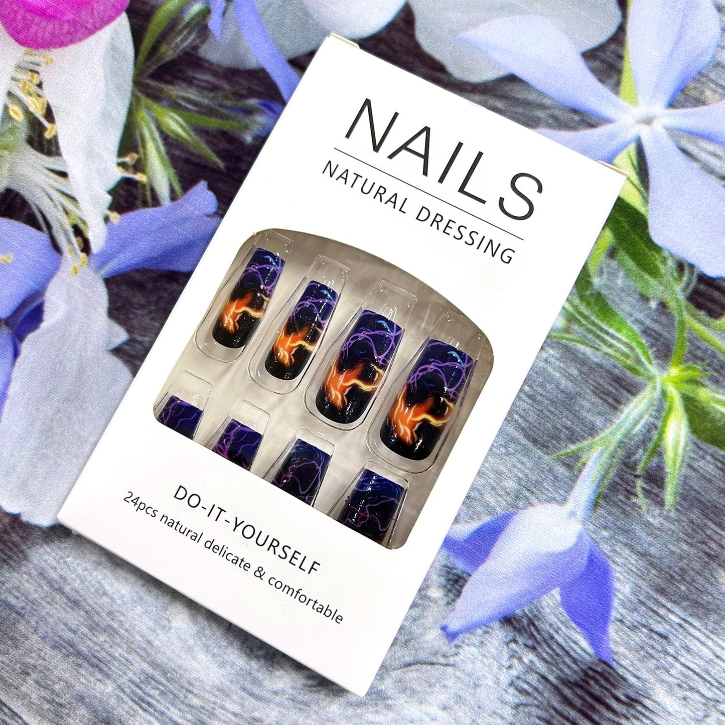 Press On Medium Square Aurora Blue Lightning Stripe Smudge Design False Nails - Full Cover Acrylic Coffin Nails, Reusable Glue On, DIY Stick On for Women - 24Pcs