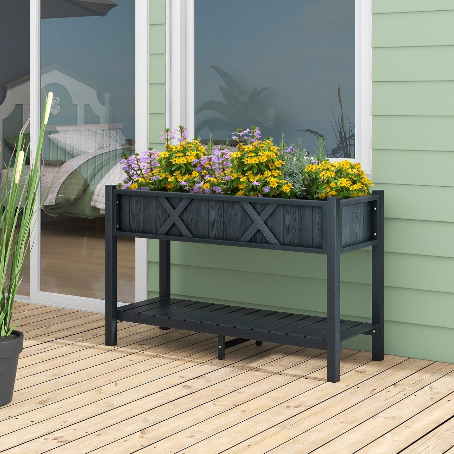 Giantex HIPS Raised Garden Bed, Elevated Planter Box w/Legs, Storage Shelf, Drainage Holes, Weather-Proof Standing Raised Beds for Backyard Balcony Flower Herb (Black, 44" x 18" x 29")