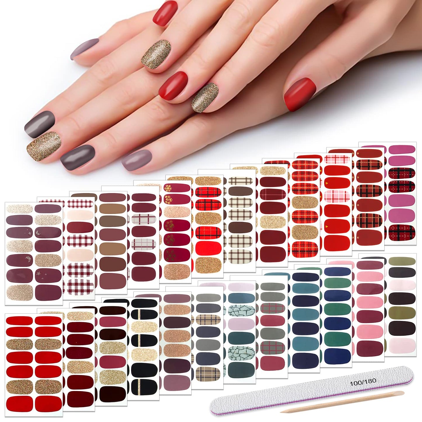 DANNEASY 24 Sheets Plaid Nail Polish Strips Full Nail Wraps Self Adhesive Gel Strips Nail Polish Stickers for Women Girl Nail Accessories with File, Cuticle Stick