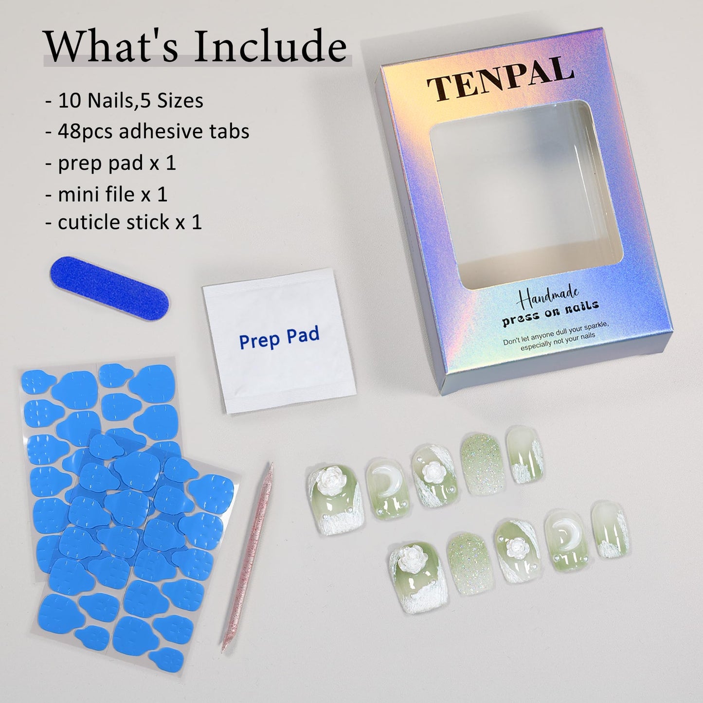 TENPAL Matte Gypsum Green Nails Handmade Press on Nails Short Square Acrylic Fake Nails with Camellia Moon Designs 10pcs/box Full Cover Artificial False Nails Sweet Cute Glue on Nails(M)