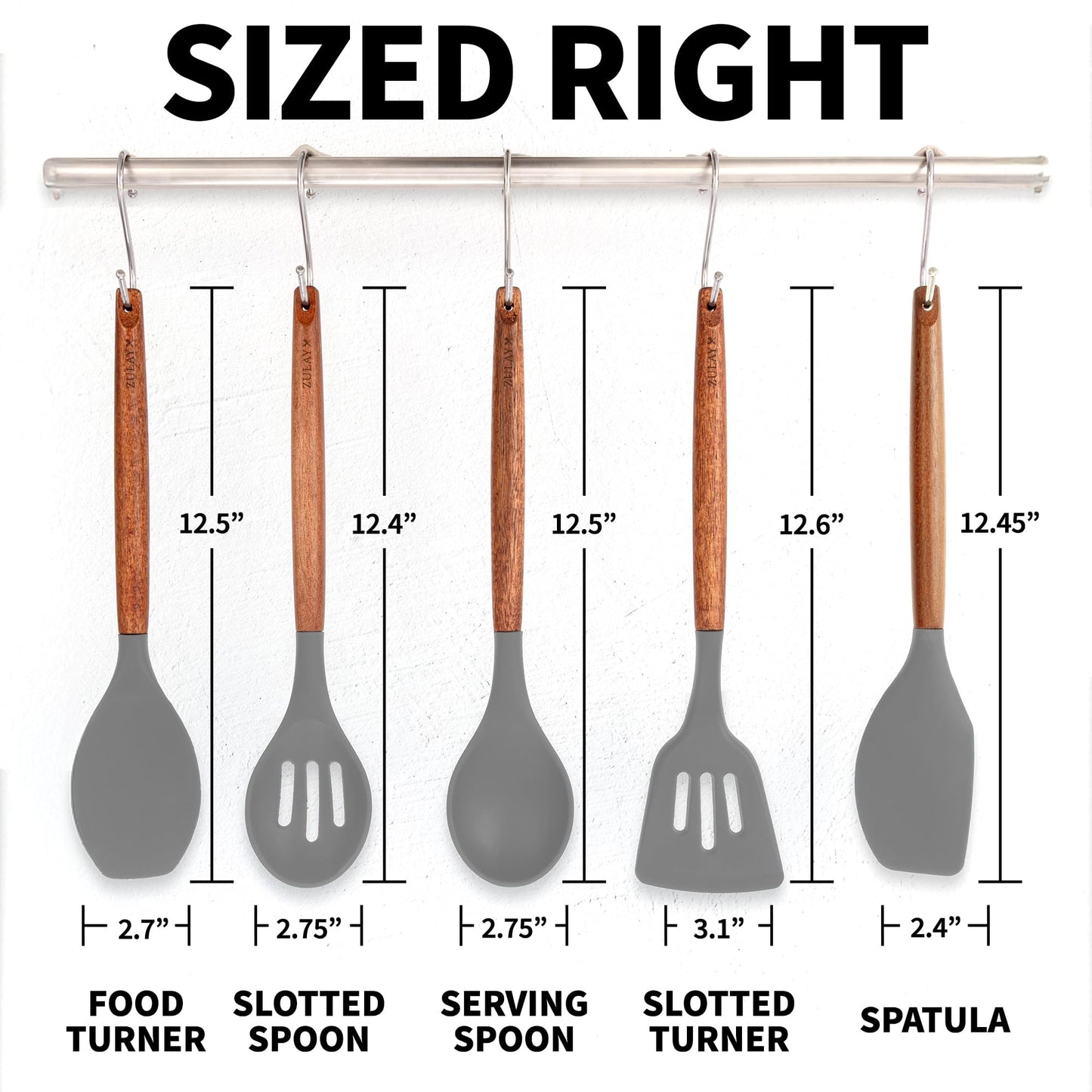 Zulay Kitchen Utensils Set Non-Stick Silicone Cooking Utensils Set with Authentic Acacia Wood Handles - 5 Piece Silicone Utensil Set - Kitchen Utensils Set with 464°F Heat Resistance - Gray