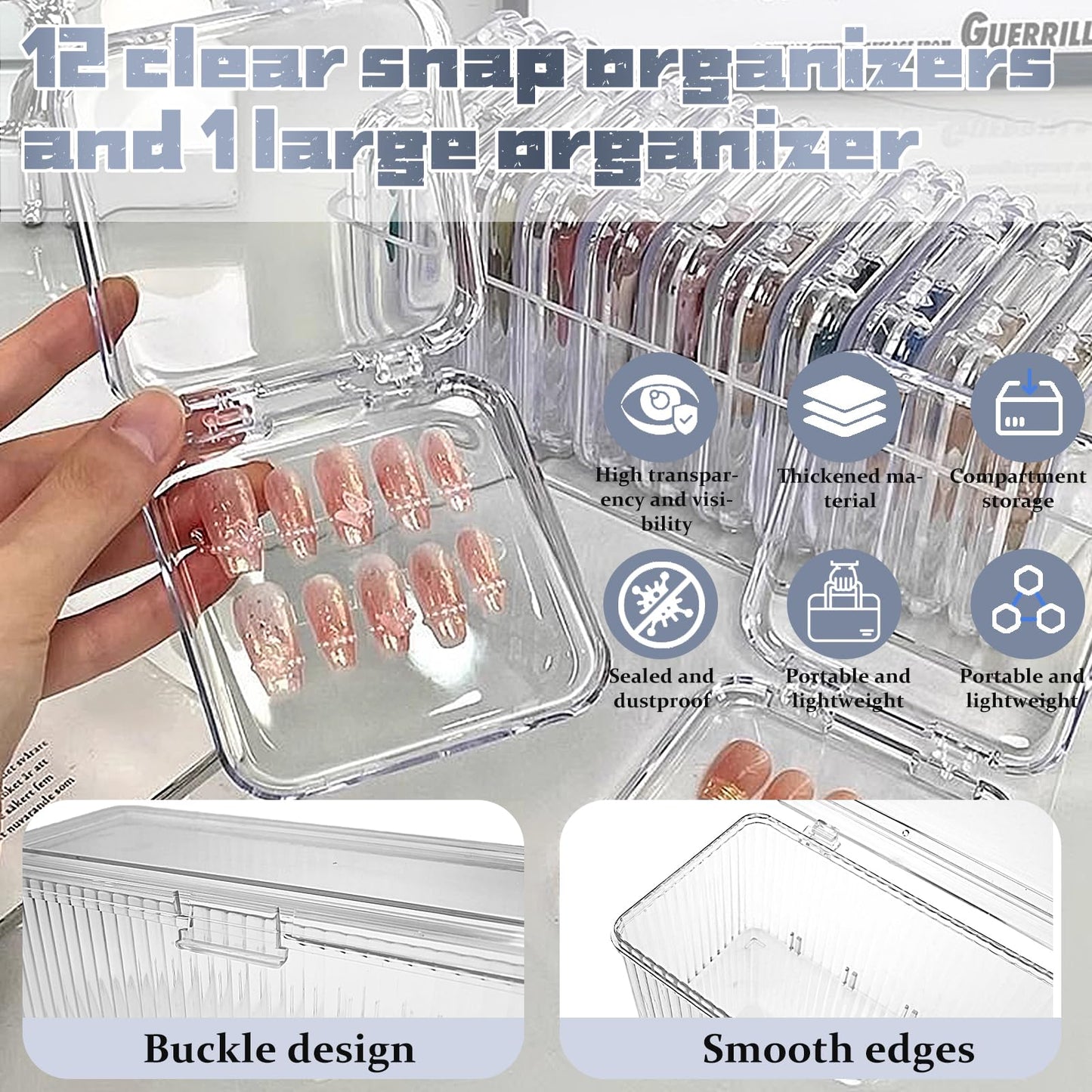 Oskrieel Press on nail storage 12 PCS Acrylic Nail Storage Box - Portable Versatile Organizer for Press - On Nails, Jewelry and More with 60 Pcs Adhesive Double Sided Tape