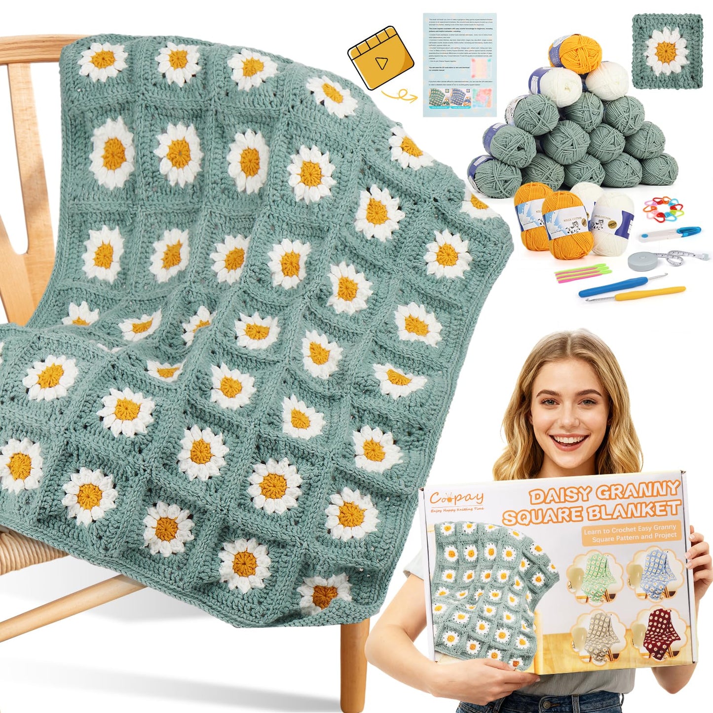 Coopay Crochet Kit for Beginners, Crochet Starter Kit for Blanket, Granny Squares Video Instructions, Easy to Learn Knitting for Beginner
