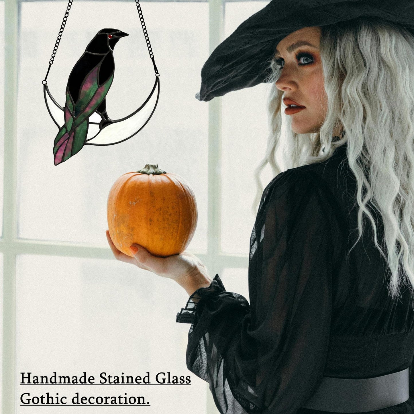 Lcensp Stained Glass Crow on Moon Decor Window Hangings Ornament, Gothic Raven Suncatcher Halloween Decorations, Handmade Crow Birds Gifts Sun Catchers Indoor Window Home Decor.