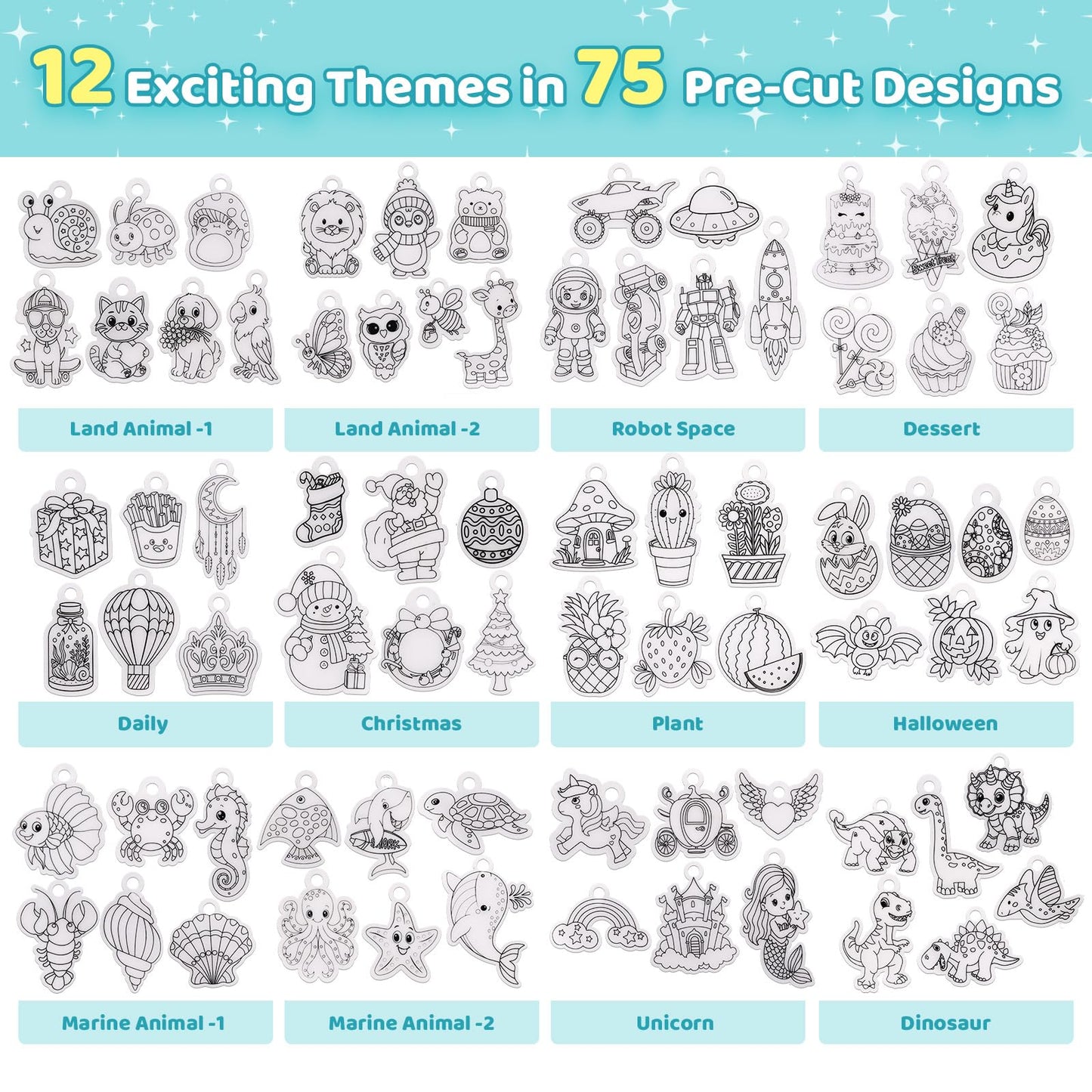 Funtopia Shrinking Art Sheets Kits for Kids, 75 Pre-Cut Shrink Paper Craft Keychain Making Kit, 12 Themes DIY Shrink Art Plastic Sheets with Charms and Keychains Accessories