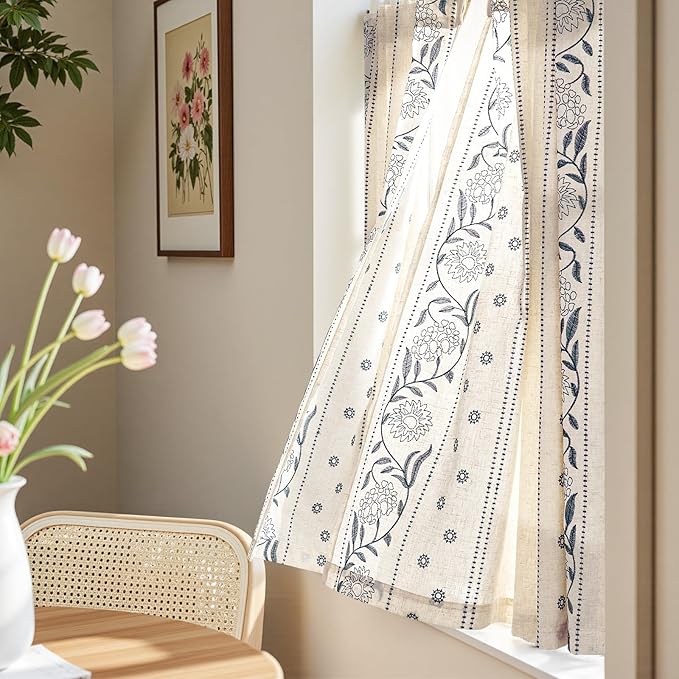 jinchan Winslow Linen Curtains 45 Inch Length Small Window Curtains Embroidered Bordered Floral Drapes Light Filtering for Bathroom Laundry Room Kitchen Farmhouse Decor Blue on Beige 2 Panels