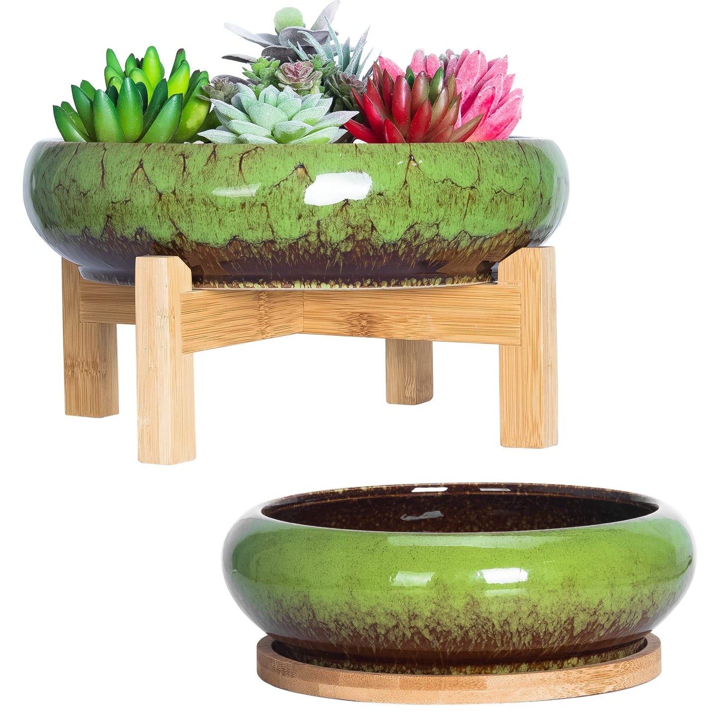 Succulent Planters, Large Succulent Pots with Drainage Bamboo Trays Colorful Bonsai Pots with Stand Ceramic Flower Pot Set of 2, Round Cactus Pot for Indoor Plants (7.3 and 10'')