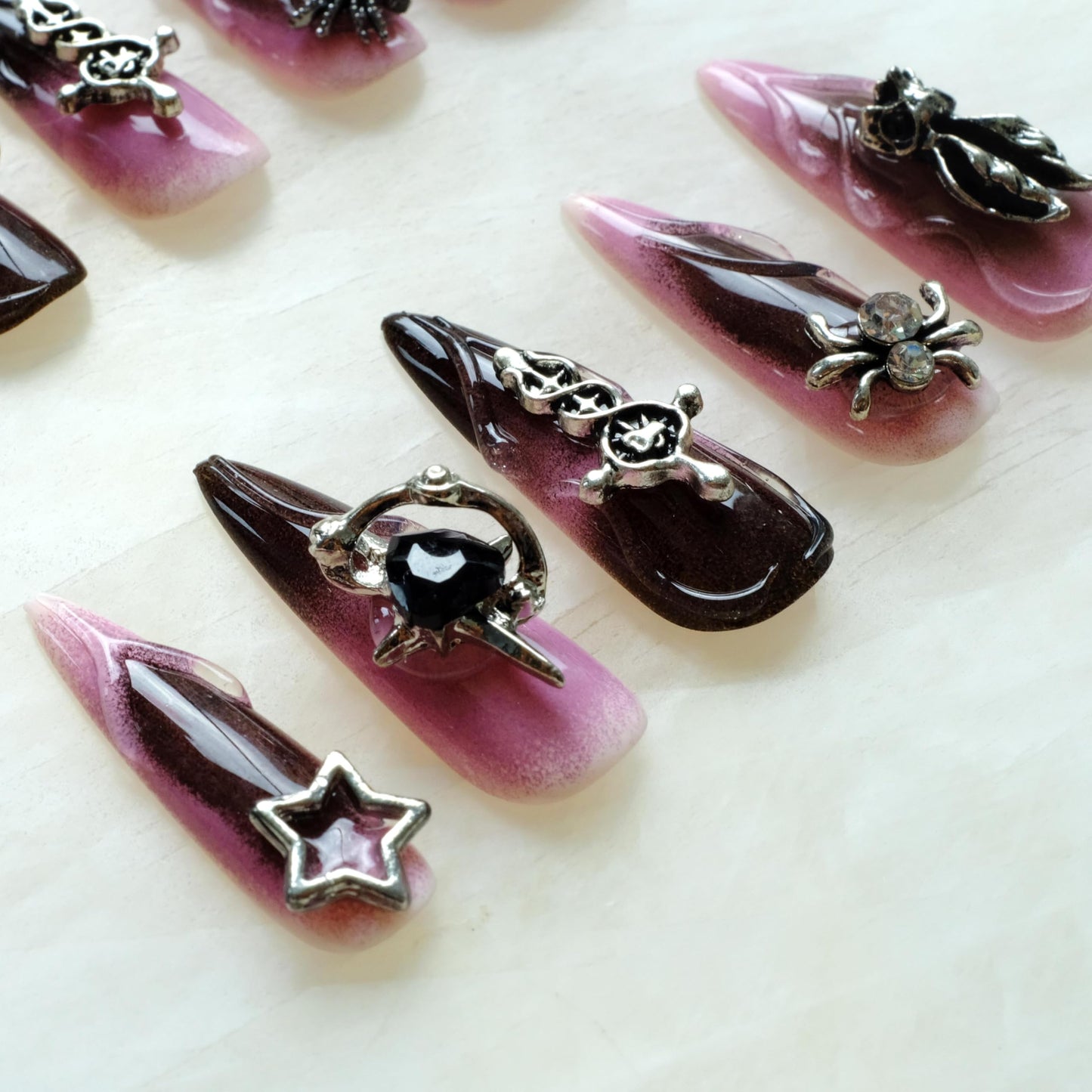GLORS Gothic Press-On Nails, Pink to Black Ombre, Stiletto Shape with 3D Halloween Charms, Handmade False Nail 10 Pieces (Small, LS)