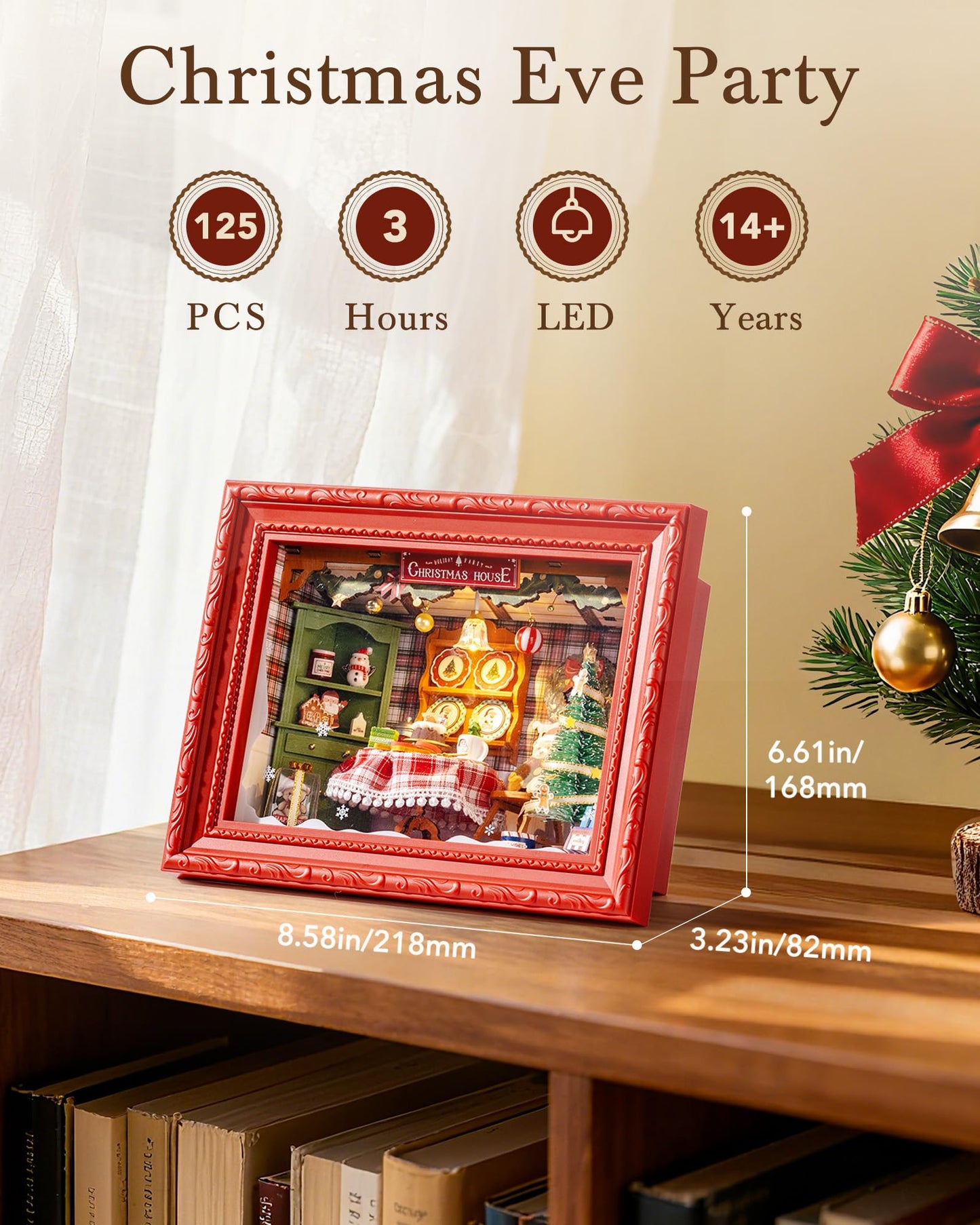 ROBOTIME Christmas Eve Party Photo Frame DIY Miniature House Kit, 3D Wooden Puzzle Building Kit for Adults, Tiny Dollhouse Model, Creative Holiday Decor & Gift for Family and Friends