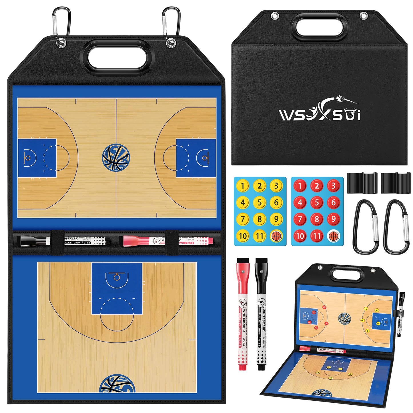 Wsixsui Magnetic Basketball Coaching Board | Foldable Leather Basketball Clipboard Kit for Coaches | Professional Basketball Tactic Board | Dry Erase Strategy Whiteboard | Carry Handle | Lightweight