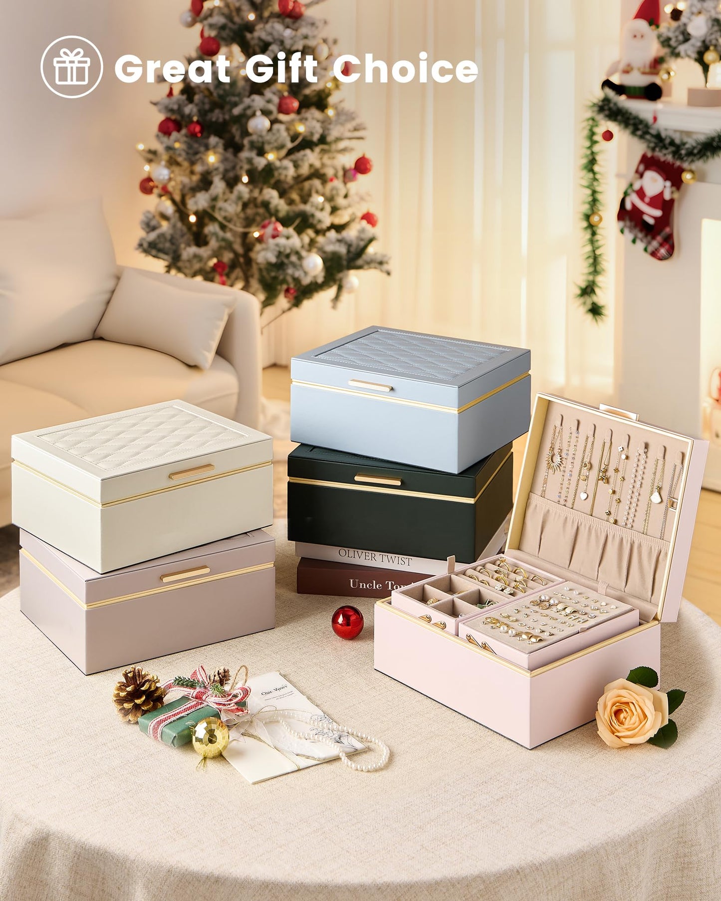 Lolalet Cream 2 Layer Jewelry Box Organizer with Drawers and Beige 12 Slots Travel Necklace Organizer Bundle, Jewelry Storage and Travel Solution