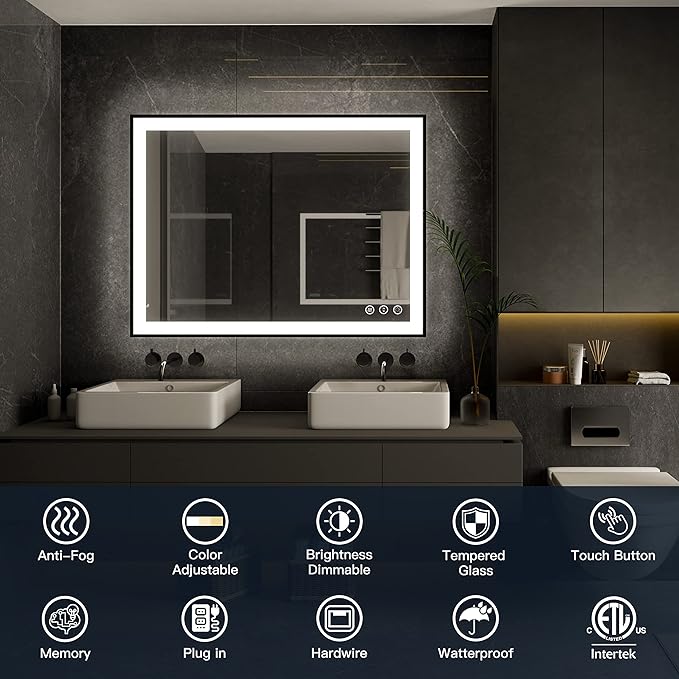 ISKM Framed LED Mirror for Bathroom 36"x28", Dimmable LED Bathroom Mirror with Lights, Anti-Fog, Front and Backlit Lighted Mirror 3-Colors, Shatterproof, Memory Function