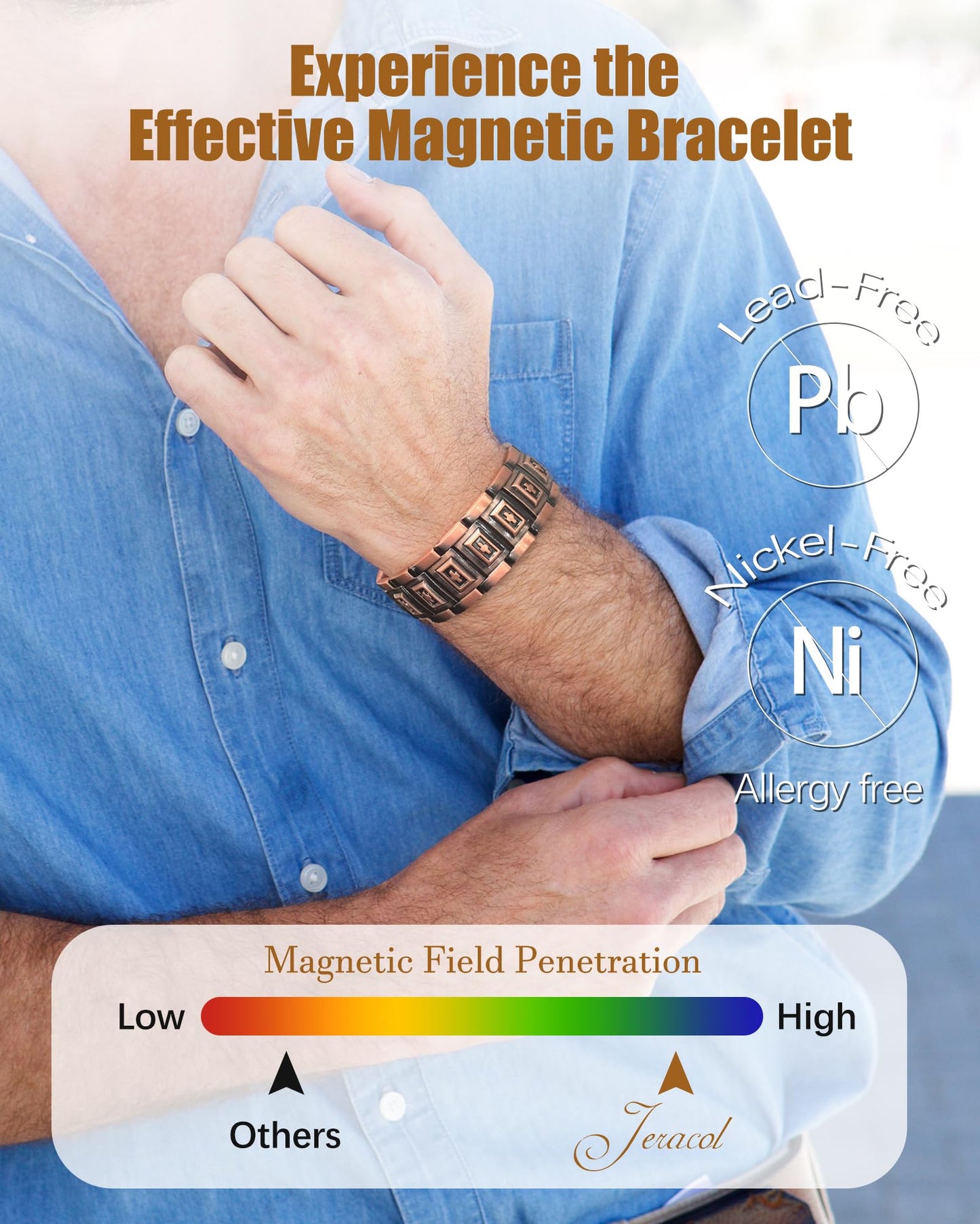 Jeracol Pure Copper Bracelet for Men, 3X Strength Magnetic Copper Cross Bracelets for Men with 3500 Gauss Magnets, Adjustable Length with Sizing Tool