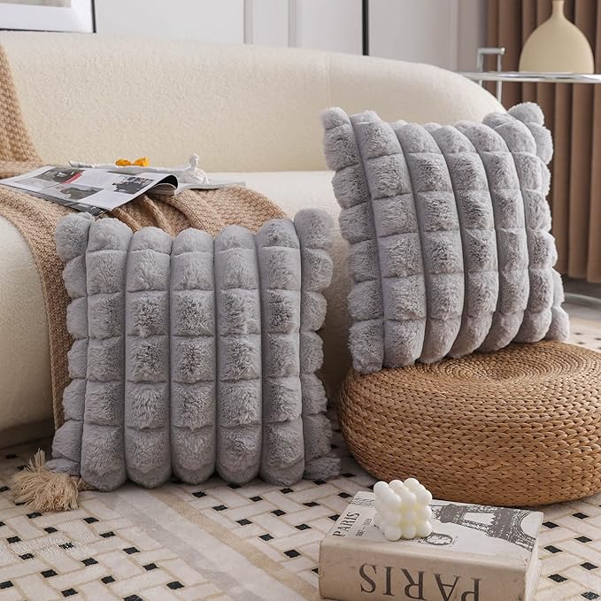 Neelvin Grey Faux Fur Cozy Soft Plaid Decorative Throw Pillow Covers 24x24 inch Set of 2,Velvet Pillowcase Cushion Case for Sofa Couch