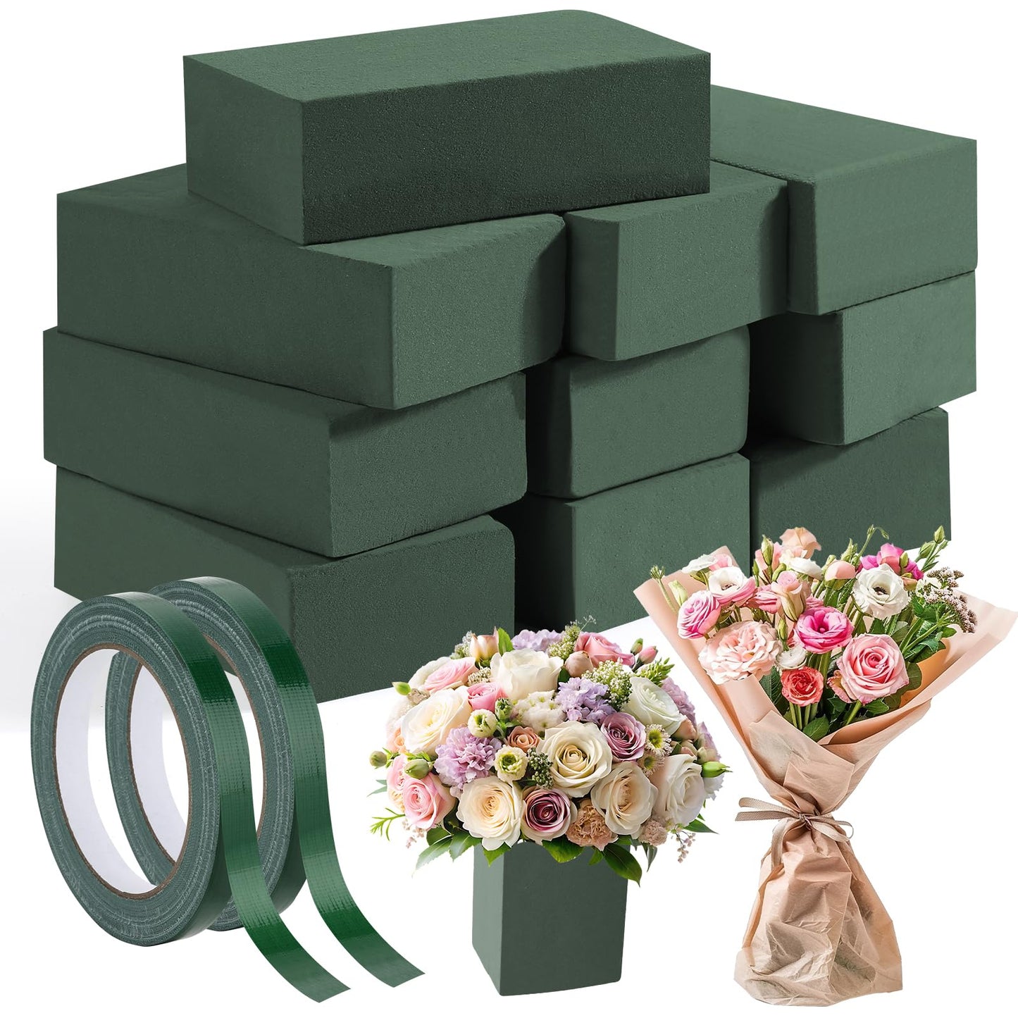 MAPVOLUT 10 Pcs Small Floral Foam Blocks 5.5” x 3.1” x 1.7”, with 2 Rolls Waterproof Floral Tape - 12mm x 65.62ft, for Fresh or Artificial Flower Arrangements, DIY Wedding, Home Decor, and Crafts