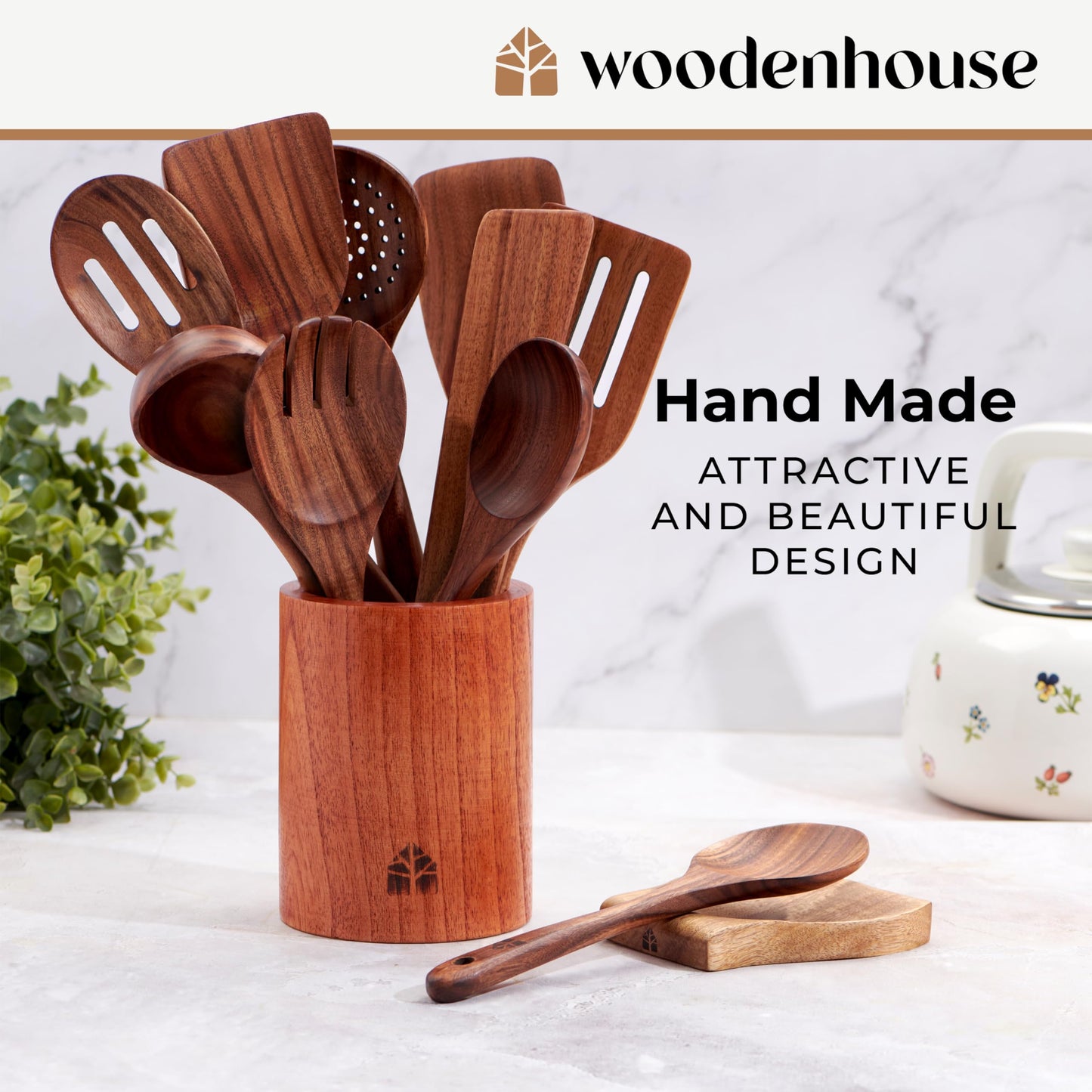 Wooden Spoons for Cooking – 12 Pcs Teak Wooden Utensil Set, Cooking Utensils Set with Holder, Hooks & Spoon Rest - Heat Resistant, Durable, Nonstick Safe Kitchen Cookware
