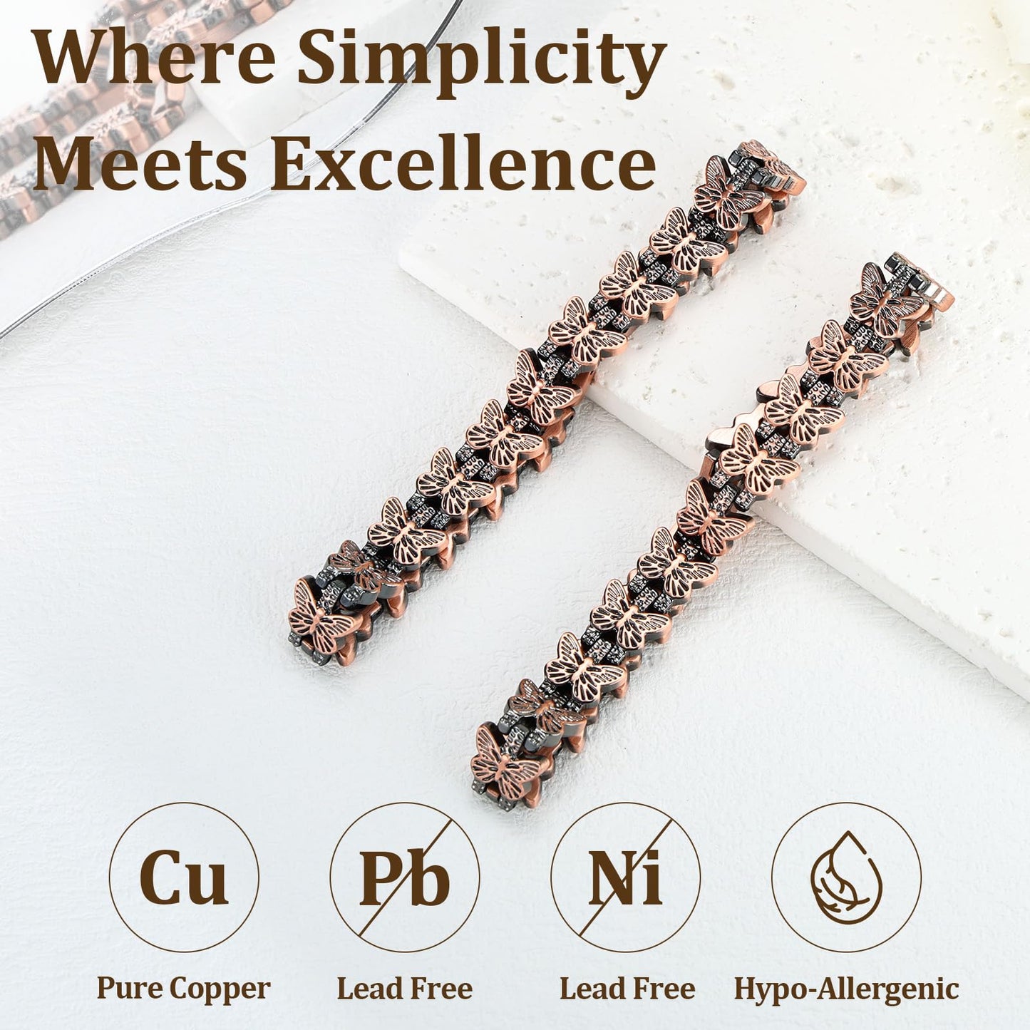 Fashtour Copper Bracelet and Ring Set for Women, 99.99% Pure Copper Magnetic Bracelet with Butterfly Design & Matching Adjustable Heart Ring – 3800 Gauss Magnets, Includes Sizing Tool & Gift Box