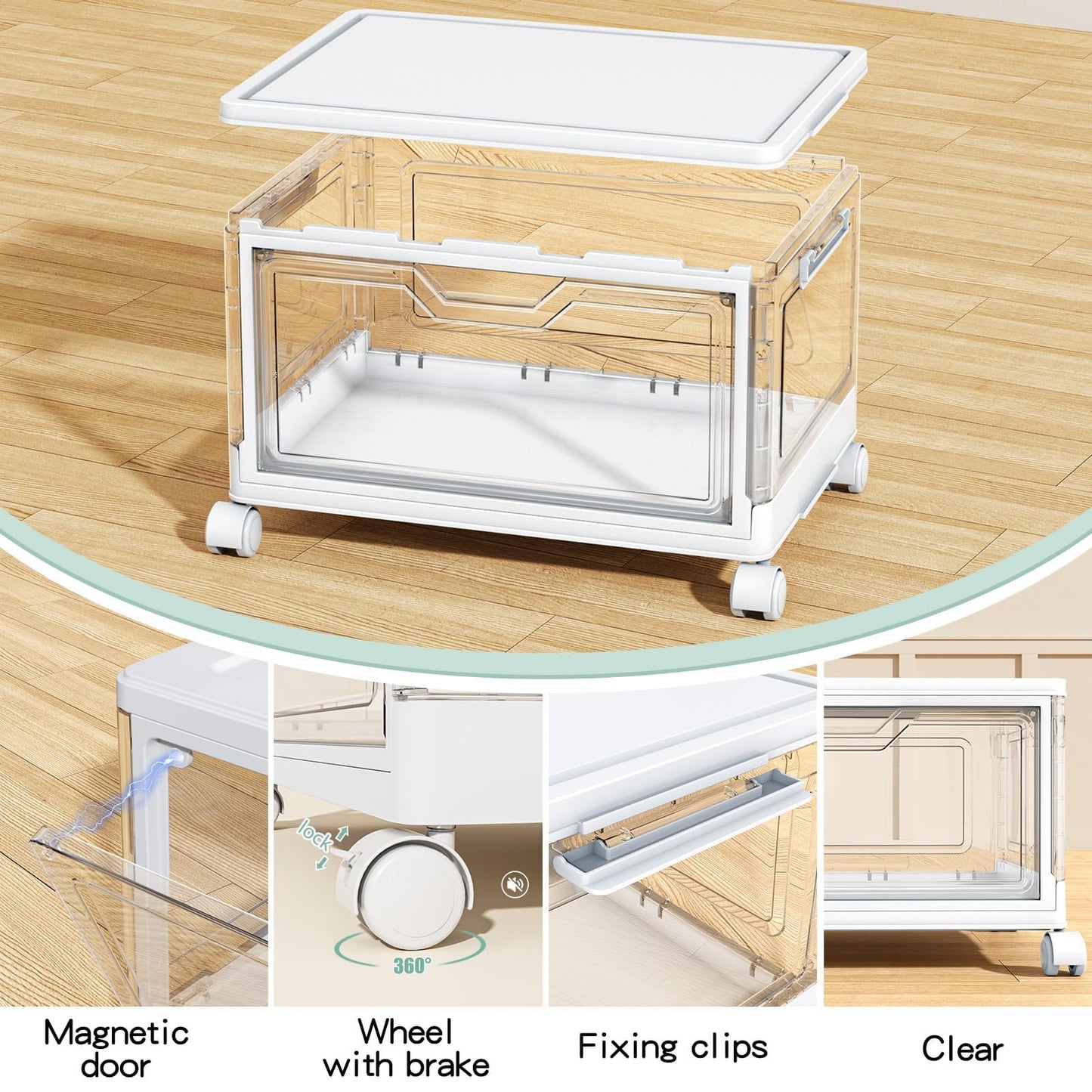 Kmiectse Clear Storage Bins with Lids - 4 Tier Plastic Bins with Wheels, Stackable Storage Bin, Closet Organizers Box for Bedroom, Living Room, 23 QT Folding Box with Magnetic door