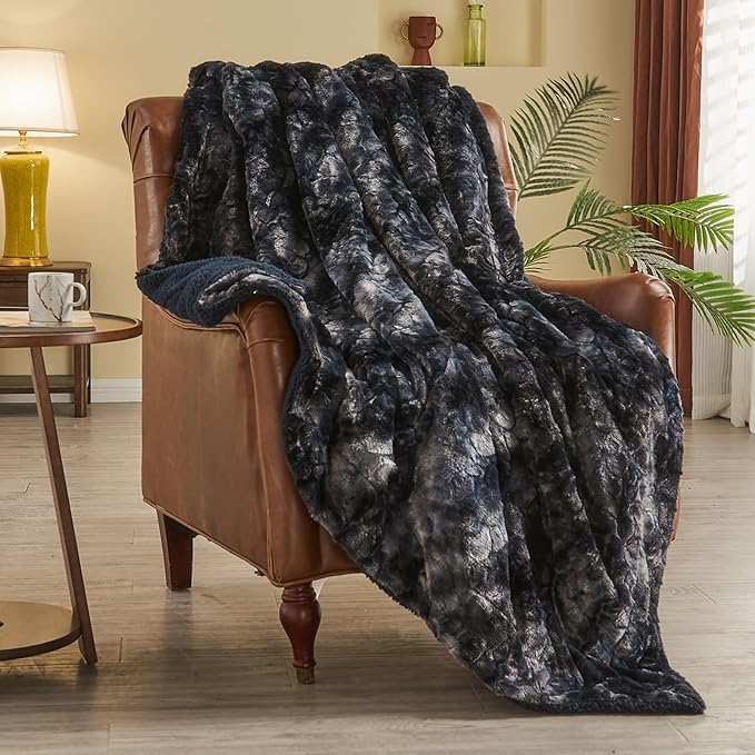 NEWCOSPLAY Super Soft Faux Fur Blanket Twin Size Tie-dye Black Sherpa Fuzzy Plush Warm Blanket for Sofa Bed (Tie-dye Black, Twin(60"x80"))