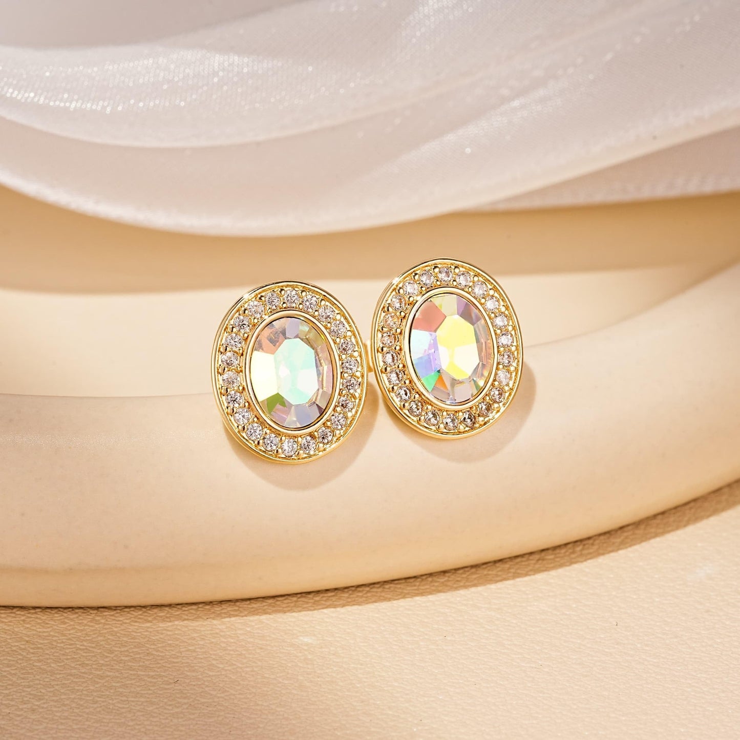 EVEVIC Austrian Crystal Halo Oval Stud Earrings for Women Trendy,14k Gold Plated Hypoallergenic Earring Jewelry Gift (Aurora Borealis)