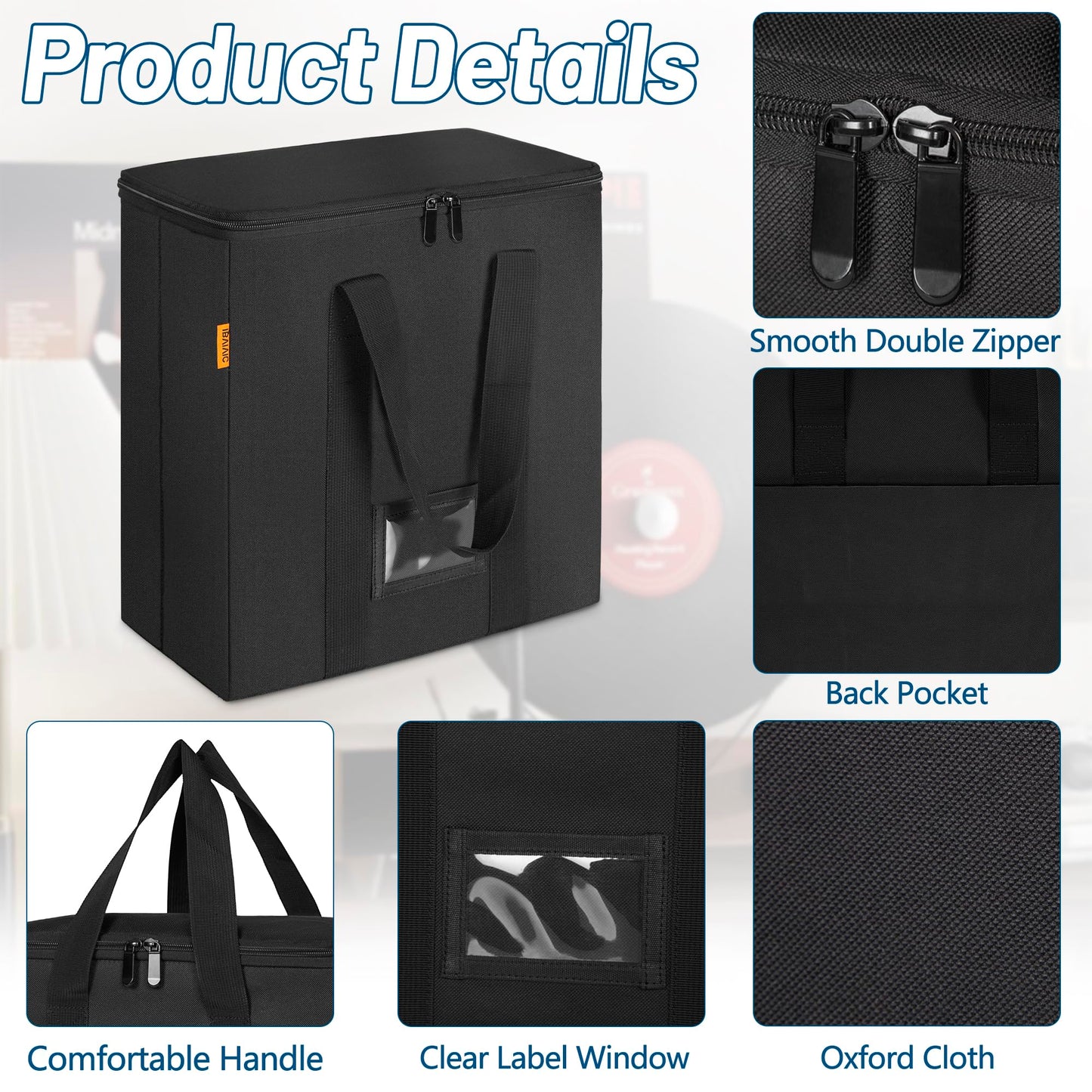 IBVIVIC Vinyl Record Storage Box with Lids and Handle Vinyl Album Storage Case Bag for 7/10/12 inch LP, Collapsible Crate Holds up 50+ Single Record (Black)