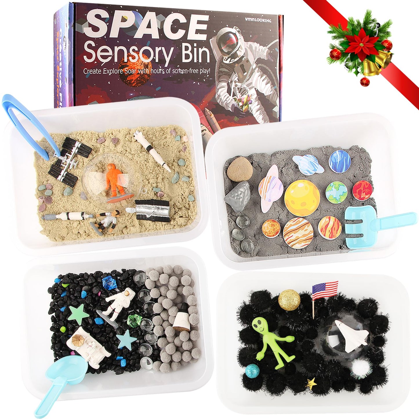 Space Themed Sensory Bin Filler,Planet Toys for Kids, Universe Solar System for Autistic Children, Space Astronauts Sensory Toys for Toddlers with 9 Planets, Sand, 3 Tools and More