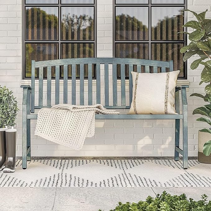 Grand patio 52" Farmhouse Outdoor Bench, Garden Benches with Anti-Rust Aluminum Metal Frame, Faux Wood Grain Finish Frame Patio Bench for Front Porch, Weathered Blue