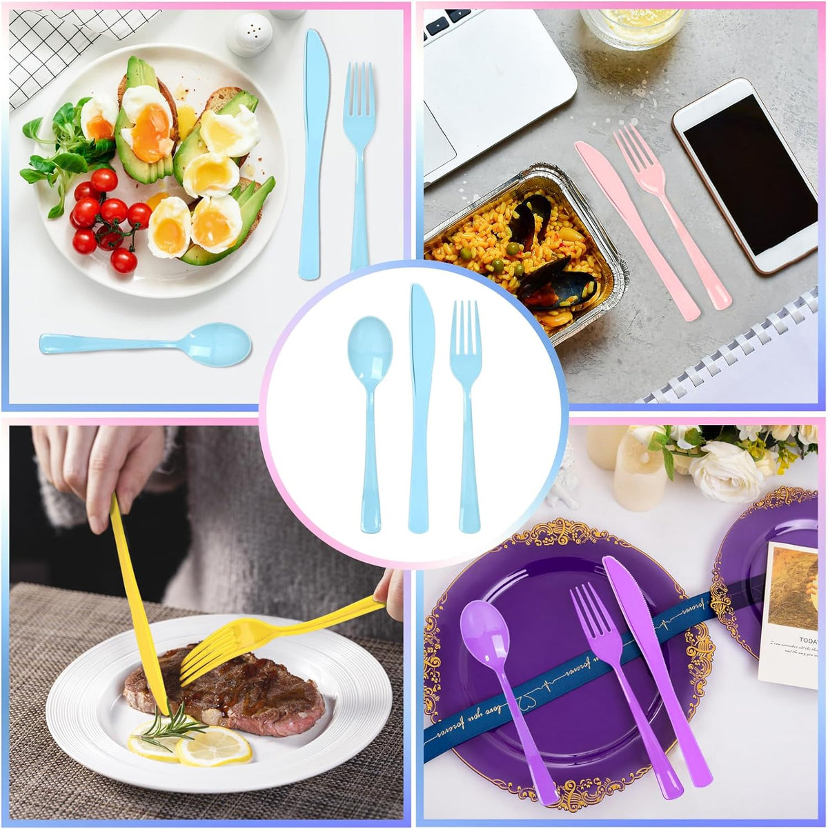 300 Pack Pink Blue Purple Yellow Disposable Plastic Silverware Heavy Duty, Plastic Cutlery Set,Forks and Spoons Knives Set for Birthday Party Prom Night, Weddings, (Macaron Colors)