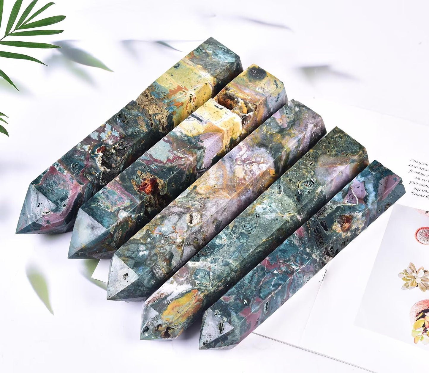 AMOYSTONE Large Ocean Jasper Stone Wand Healing Crystal Obelisk Tower 6 Faceted Column Reiki Chakra Meditation Therapy 2.2-2.6 LBS