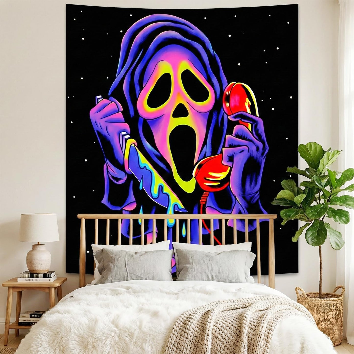 SparkLia Blacklight Horror Skull Tapestry, UV Reactive Neon Scary Face Wall Hanging, Glow in the Dark Spooky Decor for Bedroom, Gaming Room Party Decor - 51" x 59"