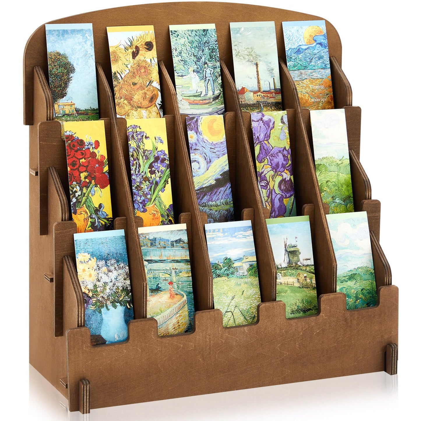 Yuntau Bookmark Display for 2.2'' Bookmark, Adjustable Dividers, Portable Sticker Holder, Curved Pockets Greeting Card Display for Business Vendor, Retail Store Shop(15 Pockets,Brown)