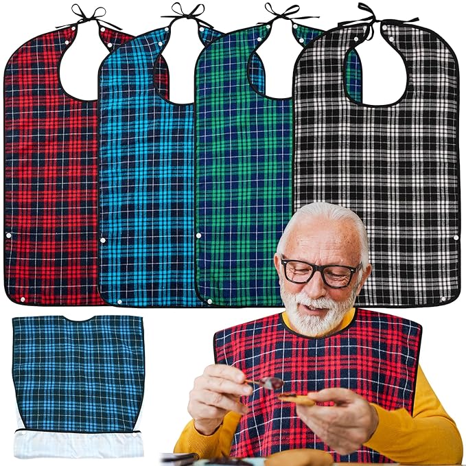 XKDOUS 4 Pcs Adult Bibs For Men Washable Clothing Protector with Crumb Catcher for Eating, Reusable Waterproof Large Feeding Adult Bibs Gift for Men Women Elderly Senior
