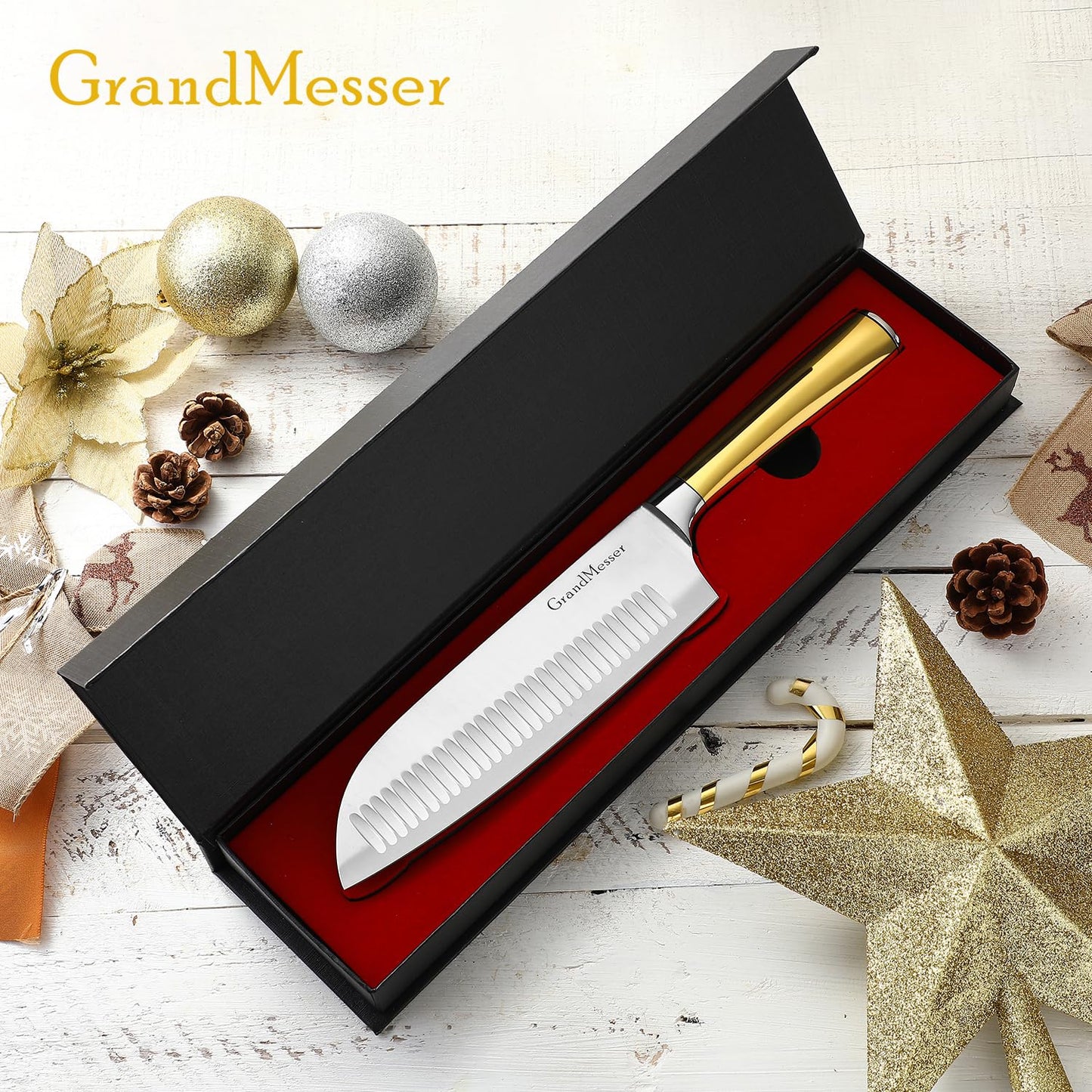 GrandMesser Santoku Knife, Chef's Kitchen Knife 7 Inch, Japanese Steel AUS-10 Chef Knife, with Pure Copper Ergonomic Handle & Gift Box.