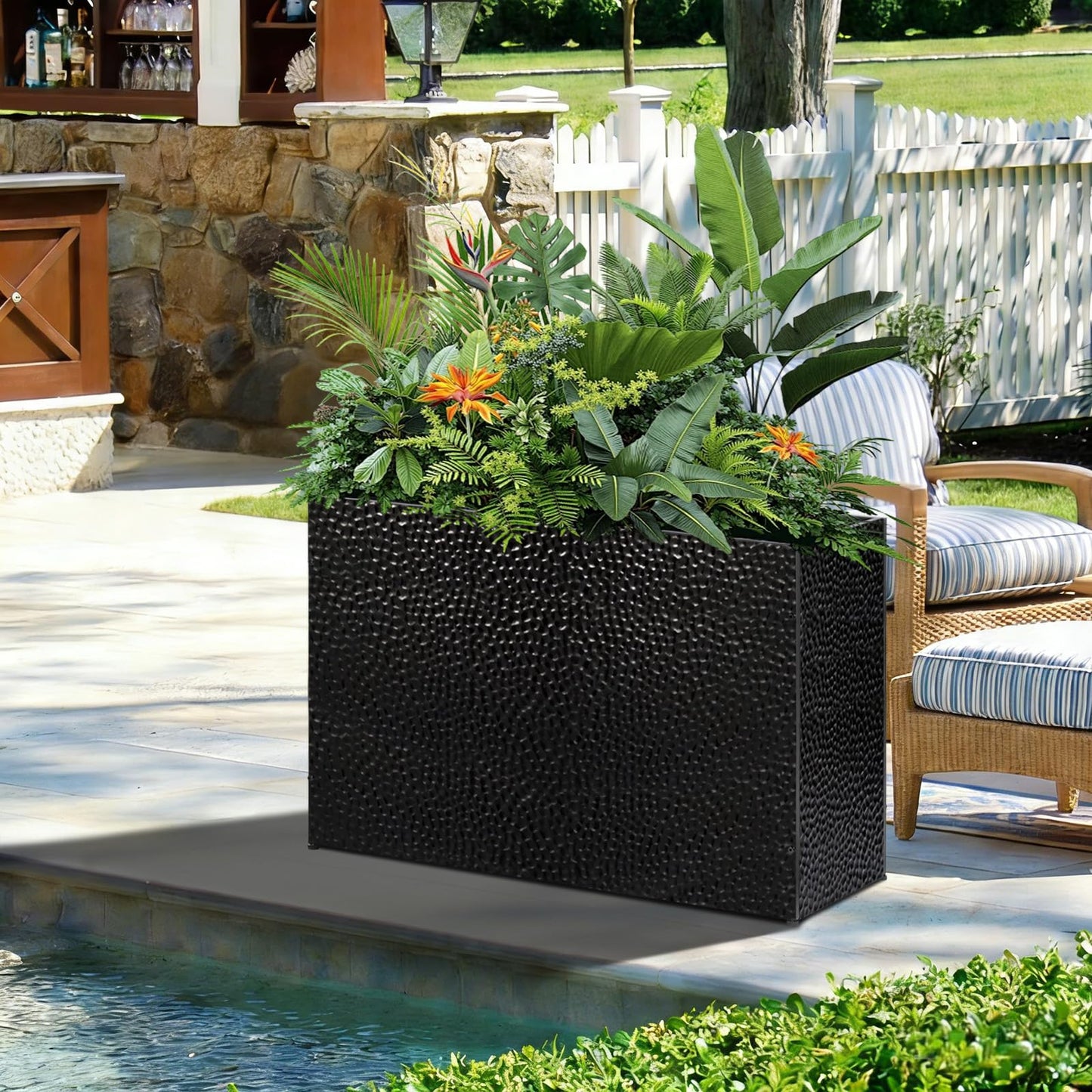 Tall Planters for Outdoor Plants - Hand-Hammered Metal Large Rectangular Block Planter Box with Drainage Holes, Modern Planters Indoor Outdoor Flower Plant Pots Patio Yard Front Porch Deck,32x12x24"