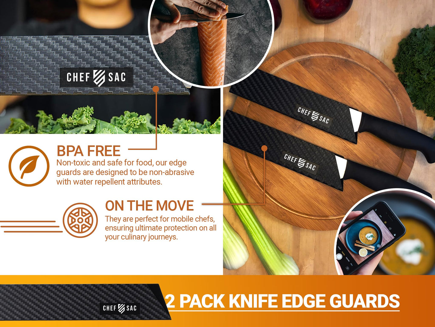 Knife Edge Guards, Universal Knife Sheath Covers, Professional Kitchen Chef Knife Protector Set, Blade Guard, BPA-Free ABS Plastic, Non-Scratch Felt Lining (2-Pack, 8.5")