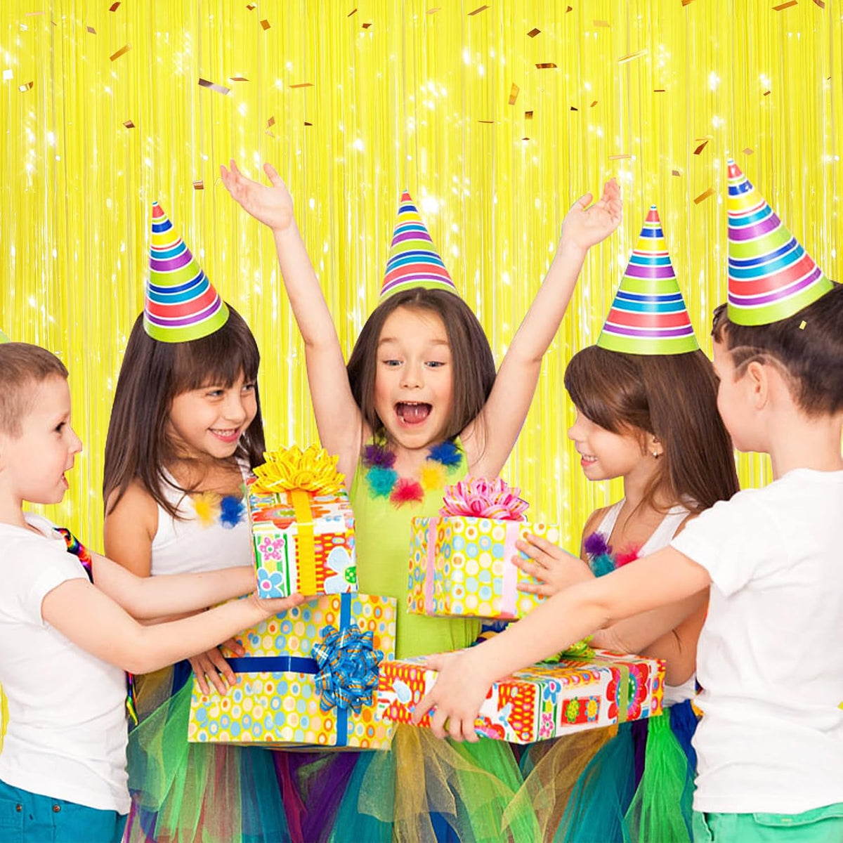 2 Pack Yellow Metallic Tinsel Foil Fringe Curtains, Door Streamers Photo Booth Backdrop for Birthday Party, Tinsel Curtain Backdrop for Baby Shower Bachelorette Christmas Party Decorations