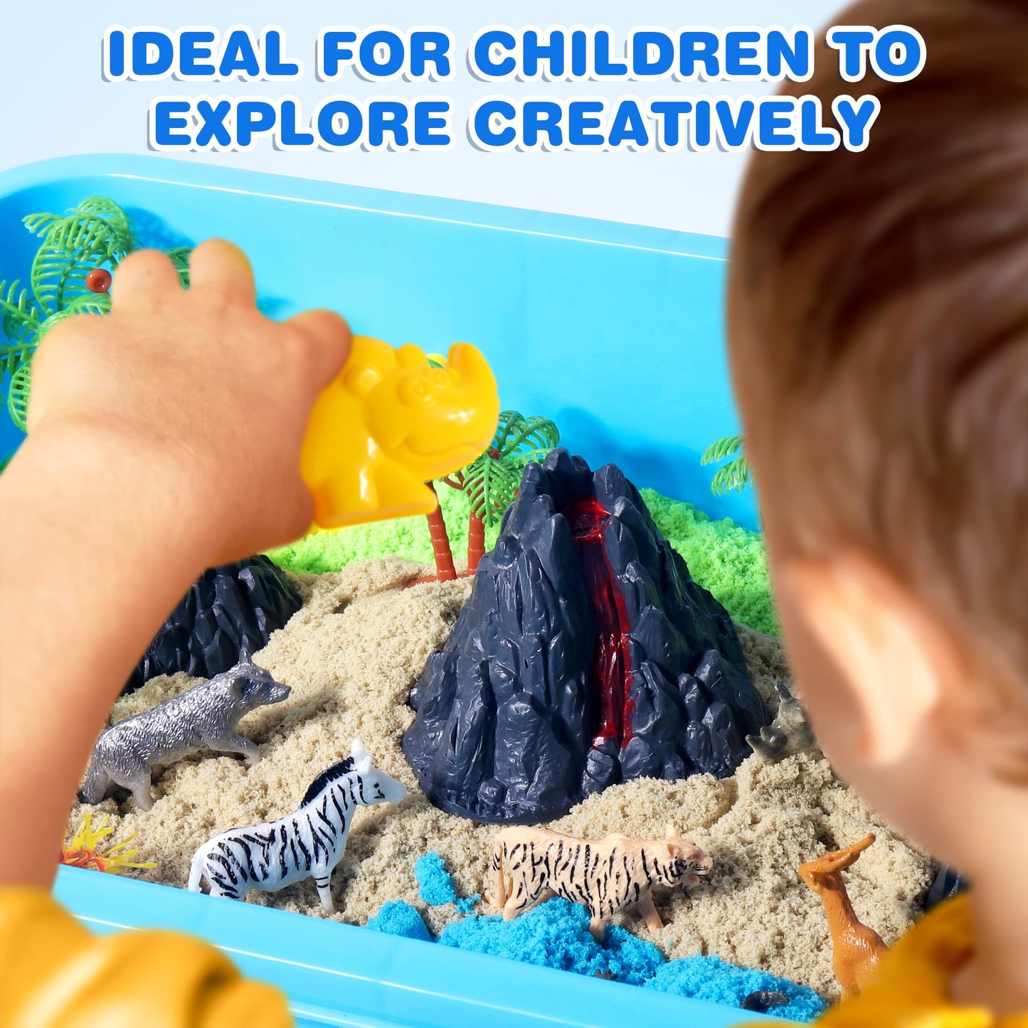 Billeeit Animal Sensory Bin Sand Toy, Play Sand Kit w/lid and 2.2lbs Moldable Sensory Sand, Molds, Tools, Map Set 35pcs Total, Fun Gifts for Kids 3+
