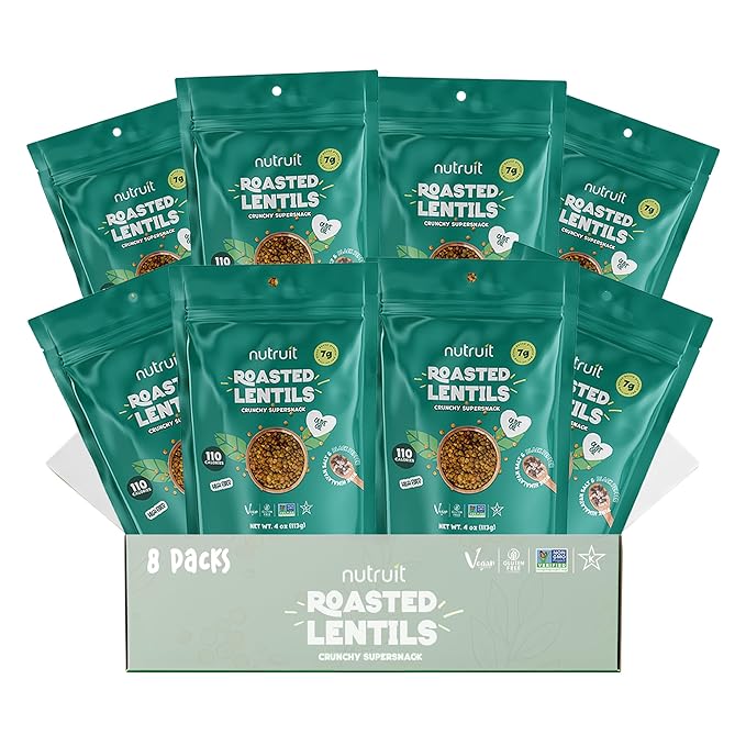 Nutruit Roasted Lentil Snacks - Tasty Snack Box with Vegan, Gluten Free, Non-GMO, High Protein, Low Calorie, Healthy On-The-Go Low Calorie Lentils Snacks - 4oz Packs (8-Pack Box) (8 Pack, Himalayan Salt & Black Pepper)