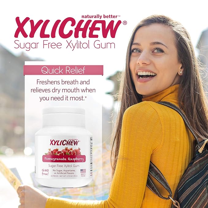 Xylichew 100% Xylitol Chewing Gum - Non GMO, Non Aspartame, Gluten Free, and Sugar Free Gum - Natural Oral Care, Relieves Bad Breath and Dry Mouth - Pomegranate Raspberry, 60 Count
