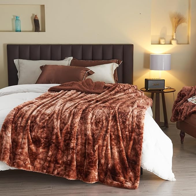 NEWCOSPLAY Super Soft Faux Fur Blanket Twin Size Tie-dye Dark Brown Sherpa Fuzzy Plush Warm Blanket for Sofa Bed (Tie-dye Dark Brown, Twin(60"x80"))