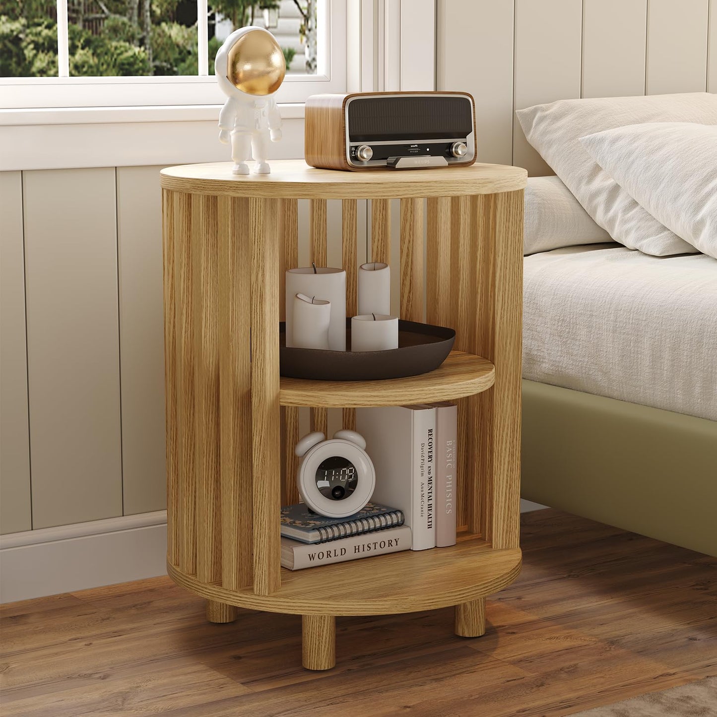 Round End Table, Wood Side Tables, Mid Century Modern Nightstand with 2 Tier Storage, Small Circle Bedside Table for Small Spaces, Living Room, Curved Profile Design, 19.7" Tall, Oak (1-Pack)