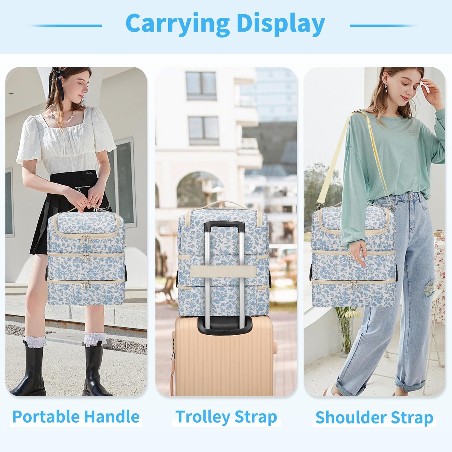 Extra Large Nail Polish Organizer - Three Layer Nail Organizers And Storage Bag, Portable Nail Supplies Organizer Case, Nail Tech Kit Travel Carrying Box with Shoulder Strap (Floral Blue, 86 Slots)