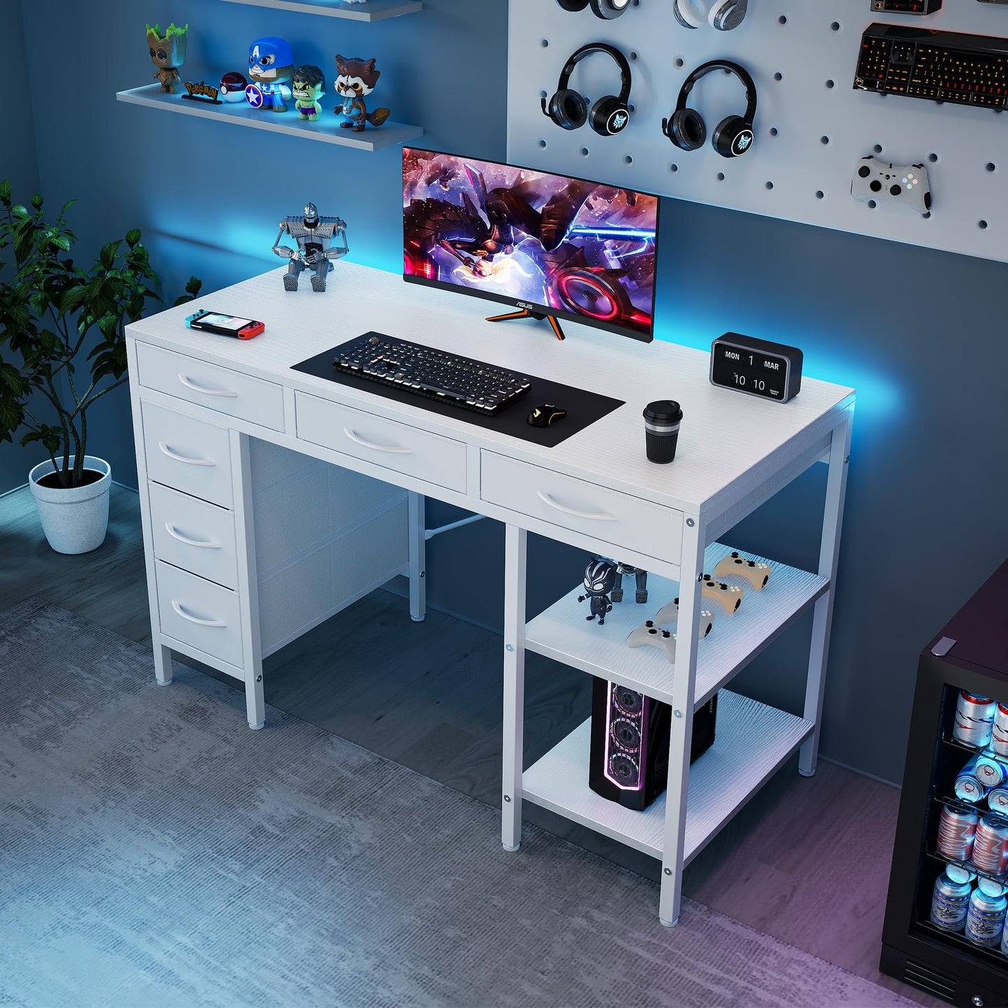Sweetcrispy 47" Computer Desk with 6 Drawers, Home Office Gaming Desks with Storage Shelves for Bedroom, Writing Study Corner Living Room Work Table White
