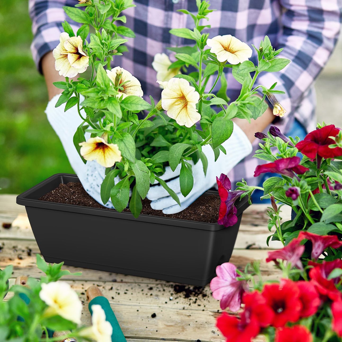 CADUKE Railing Planter Boxes 2 Pack 17 Inch Window Boxes Black Rectangle Railing Flower Box with Adjustable Bracket Window Deck Hanging Planters Boxes for Outdoor Patio